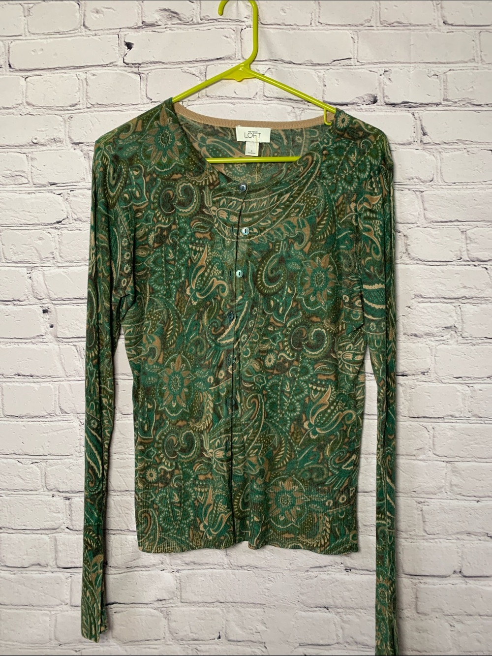 LOFT Green and Tan Paisley Button-Front Long Sleeve Top